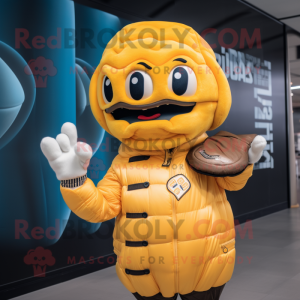 Yellow Croissant mascot costume character dressed with a Bomber Jacket and Gloves