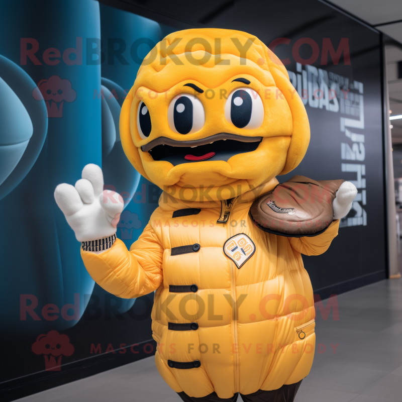 Yellow Croissant mascot costume character dressed with a Bomber Jacket and Gloves Yellow Croissant mascot costume character dressed with a Bomber Jacket and Gloves
