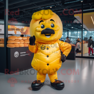 Yellow Croissant mascot costume character dressed with a Bomber Jacket and Gloves