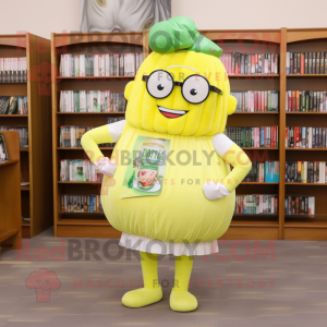 Lemon Yellow Corned Beef And Cabbage mascot costume character dressed with a Mini Skirt and Reading glasses