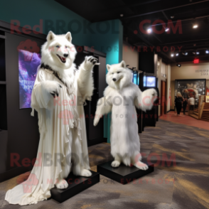 White Wolf mascot costume character dressed with a Evening Gown and Wraps