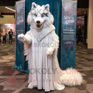 White Wolf mascot costume character dressed with a Evening Gown and Wraps