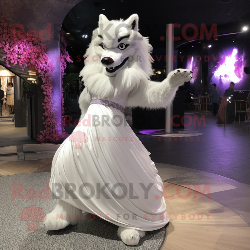 White Wolf mascot costume character dressed with a Evening Gown and Wraps