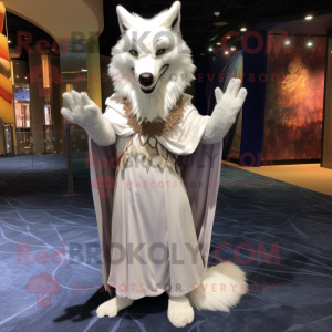 White Wolf mascot costume character dressed with a Evening Gown and Wraps