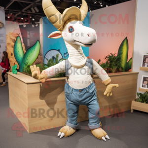 Cream Parasaurolophus mascot costume character dressed with a Boyfriend Jeans and Headbands