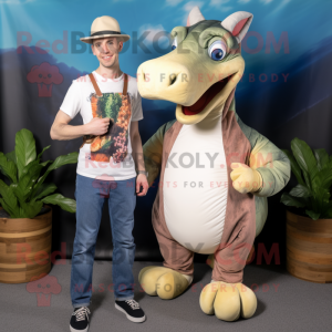 Cream Parasaurolophus mascot costume character dressed with a Boyfriend Jeans and Headbands