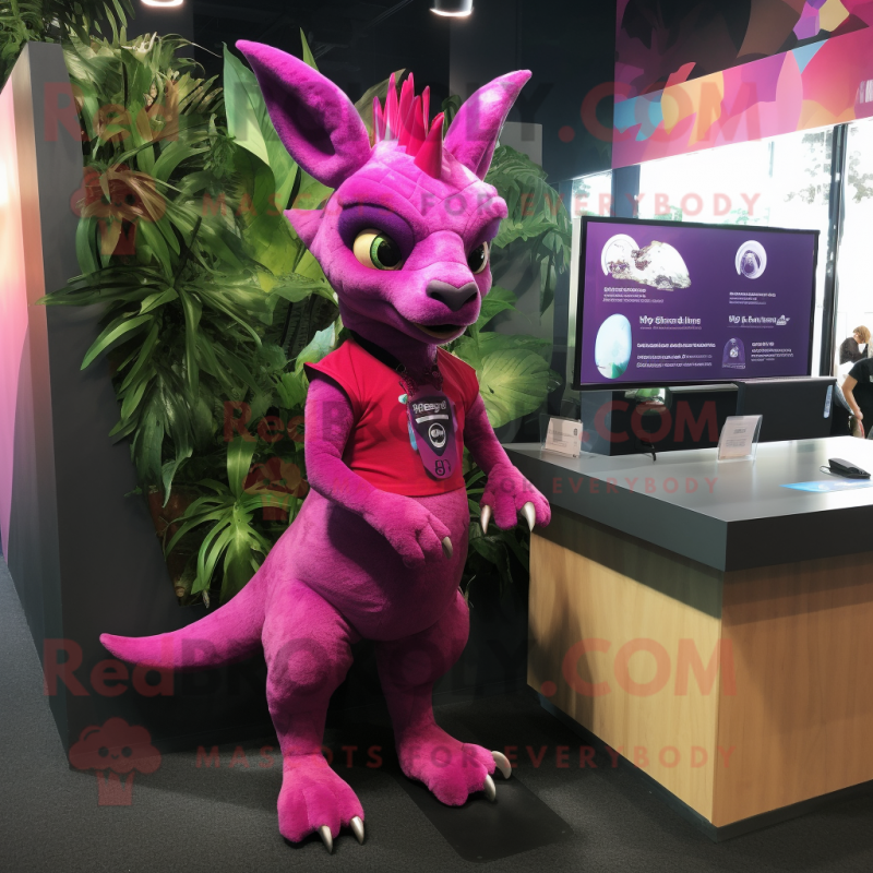 Magenta Chupacabra mascot costume character dressed with a Mini Skirt and Earrings Magenta Chupacabra mascot costume character dressed with a Mini Skirt and Earrings