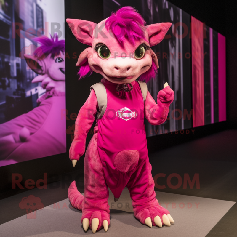Magenta Chupacabra mascot costume character dressed with a Mini Skirt and Earrings Magenta Chupacabra mascot costume character dressed with a Mini Skirt and Earrings