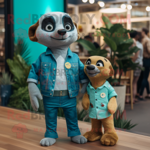 Teal Meerkat mascot costume character dressed with a Boyfriend Jeans and Brooches