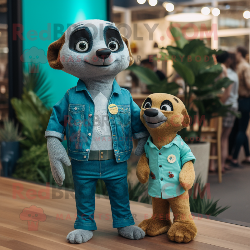 Teal Meerkat mascot costume character dressed with a Boyfriend Jeans and Brooches Teal Meerkat mascot costume character dressed with a Boyfriend Jeans and Brooches