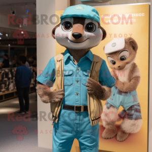 Teal Meerkat mascot costume character dressed with a Boyfriend Jeans and Brooches