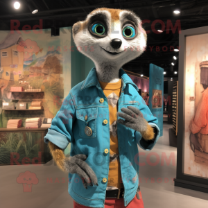 Teal Meerkat mascot costume character dressed with a Boyfriend Jeans and Brooches
