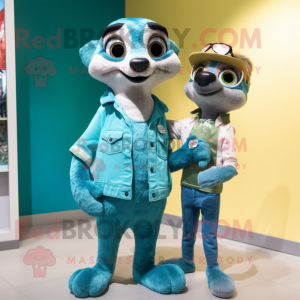 Teal Meerkat mascot costume character dressed with a Boyfriend Jeans and Brooches