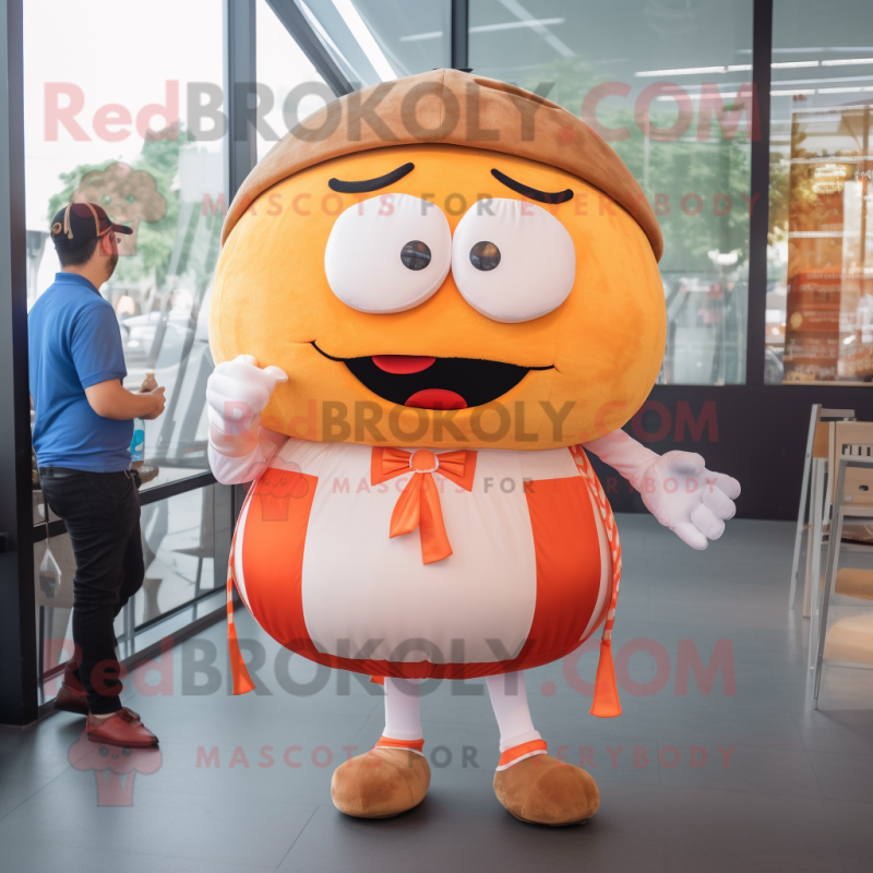 Orange Hamburger mascot costume character dressed with a Oxford Shirt and Shawl pins Orange Hamburger mascot costume character dressed with a Oxford Shirt and Shawl pins