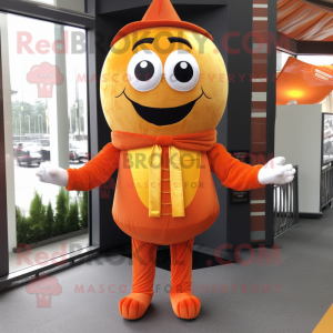 Orange Hamburger mascot costume character dressed with a Oxford Shirt and Shawl pins