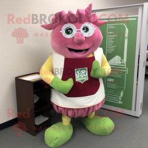 Pink Corned Beef And Cabbage mascot costume character dressed with a Vest and Reading glasses