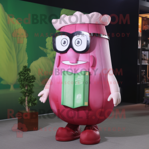 Pink Corned Beef And Cabbage mascot costume character dressed with a Vest and Reading glasses
