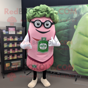 Pink Corned Beef And Cabbage mascot costume character dressed with a Vest and Reading glasses