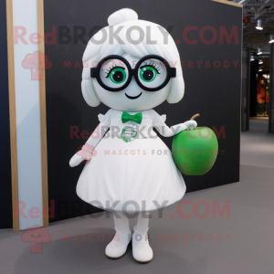 White Apple mascot costume character dressed with a Skirt and Eyeglasses