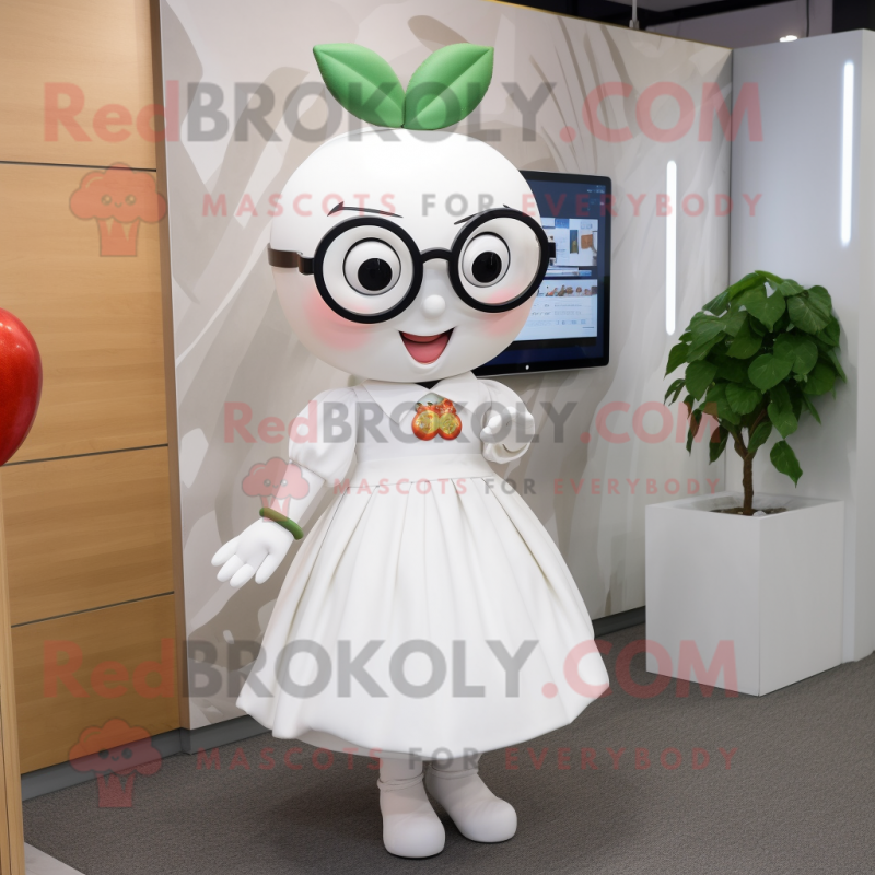 White Apple mascot costume character dressed with a Skirt and Eyeglasses White Apple mascot costume character dressed with a Skirt and Eyeglasses