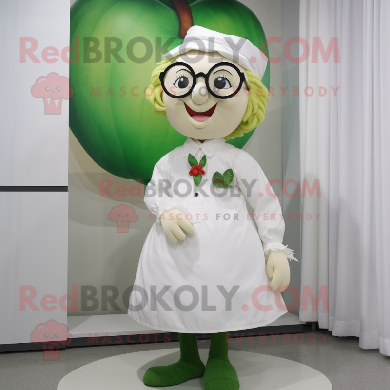 White Apple mascot costume character dressed with a Skirt and Eyeglasses