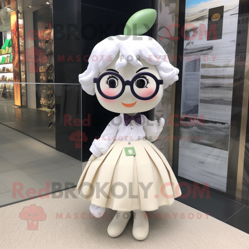White Apple mascot costume character dressed with a Skirt and Eyeglasses White Apple mascot costume character dressed with a Skirt and Eyeglasses