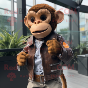 Rust Monkey mascot costume character dressed with a Leather Jacket and Earrings