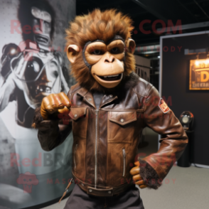 Rust Monkey mascot costume character dressed with a Leather Jacket and Earrings