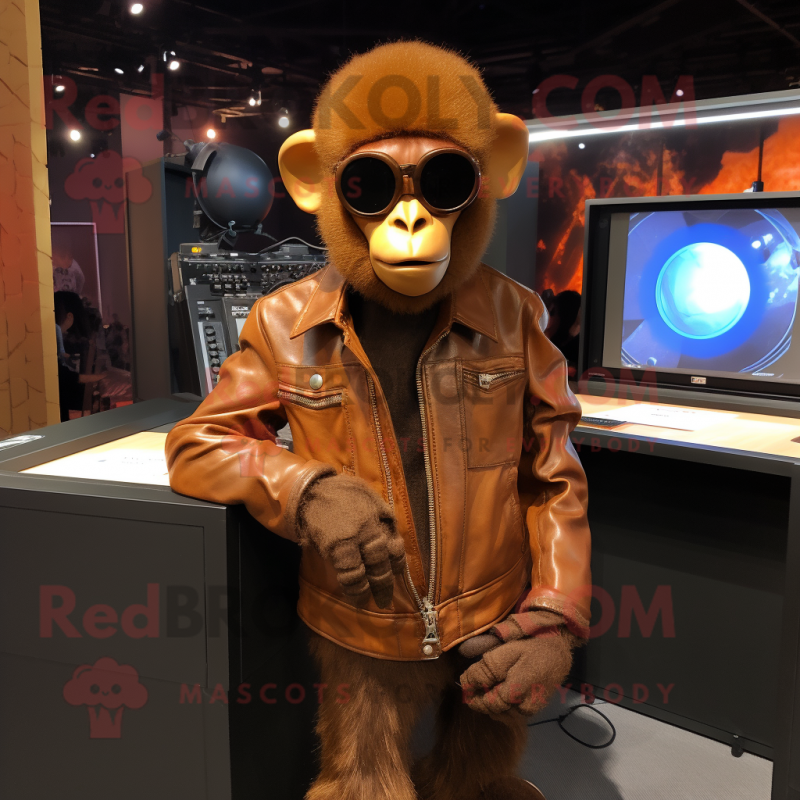 Rust Monkey mascot costume character dressed with a Leather Jacket and Earrings