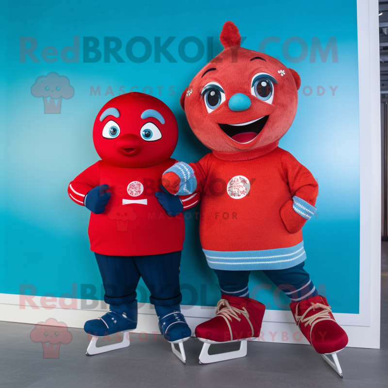 Red Pair Of Ice Skates mascot costume character dressed with a Sweater and Brooches Red Pair Of Ice Skates mascot costume character dressed with a Sweater and Brooches