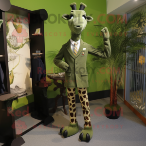 Olive Giraffe mascot costume character dressed with a Suit Jacket and Shawl pins