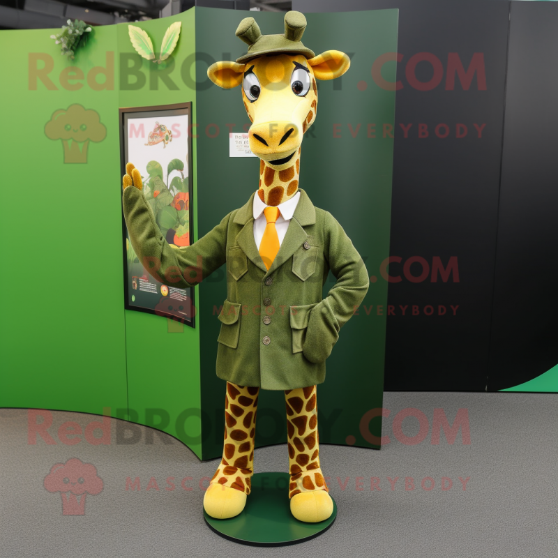 Olive Giraffe mascot costume character dressed with a Suit Jacket and Shawl pins Olive Giraffe mascot costume character dressed with a Suit Jacket and Shawl pins