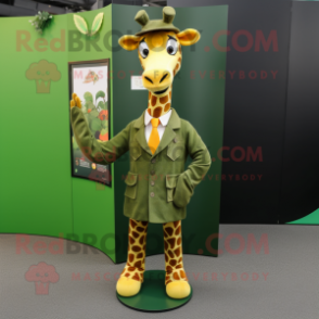 Olive Giraffe mascot costume character dressed with a Suit Jacket and Shawl pins