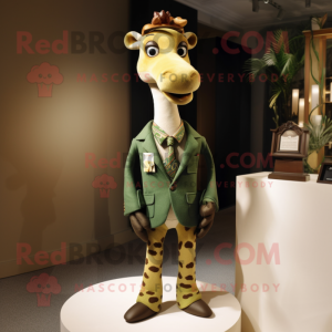 Olive Giraffe mascot costume character dressed with a Suit Jacket and Shawl pins
