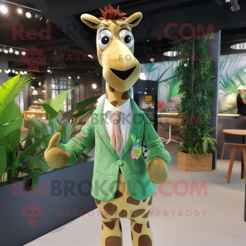 Olive Giraffe mascot costume character dressed with a Suit Jacket and Shawl pins