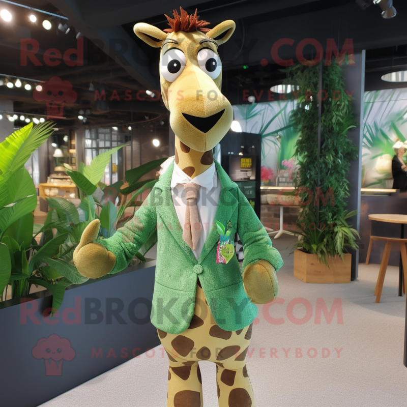 Olive Giraffe mascot costume character dressed with a Suit Jacket and Shawl pins Olive Giraffe mascot costume character dressed with a Suit Jacket and Shawl pins