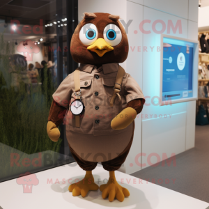 Brown Dove mascot costume character dressed with a Dungarees and Smartwatches