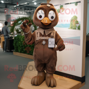 Brown Dove mascot costume character dressed with a Dungarees and Smartwatches