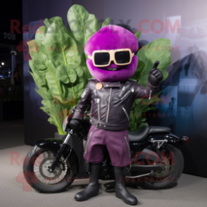 Purple Beet mascot costume character dressed with a Biker Jacket and Sunglasses