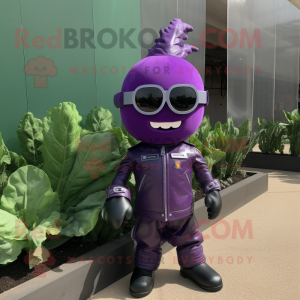 Purple Beet mascot costume character dressed with a Biker Jacket and Sunglasses