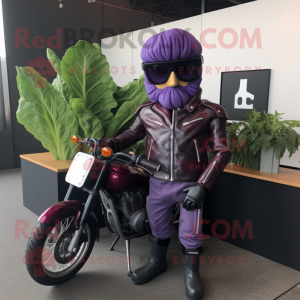 Purple Beet mascot costume character dressed with a Biker Jacket and Sunglasses