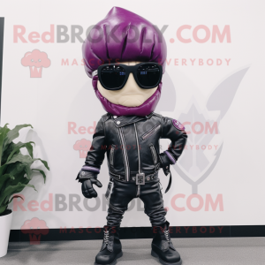 Purple Beet mascot costume character dressed with a Biker Jacket and Sunglasses