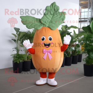Rust Radish mascot costume character dressed with a Capri Pants and Hair clips