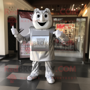 Silver Chocolate Bars mascot costume character dressed with a V-Neck Tee and Clutch bags