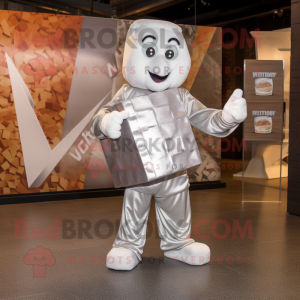 Silver Chocolate Bars mascot costume character dressed with a V-Neck Tee and Clutch bags