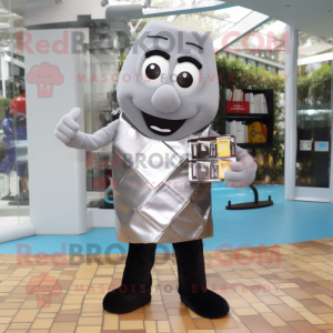 Silver Chocolate Bars mascot costume character dressed with a V-Neck Tee and Clutch bags