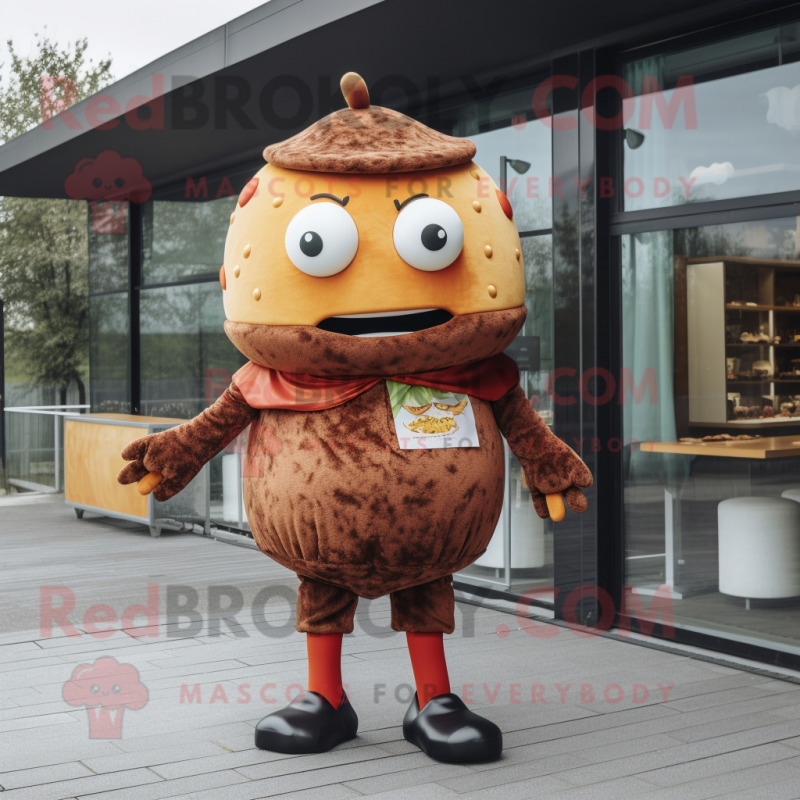 Rust Hamburger mascot costume character dressed with a Trousers and Brooches Rust Hamburger mascot costume character dressed with a Trousers and Brooches