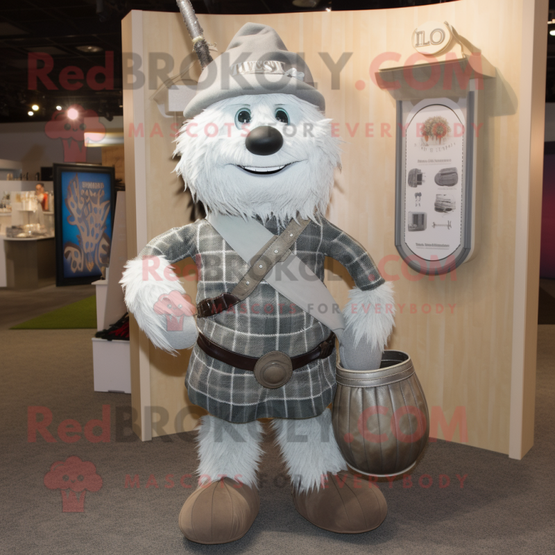 Silver Bagpipe mascot costume character dressed with a Corduroy Pants and Handbags Silver Bagpipe mascot costume character dressed with a Corduroy Pants and Handbags