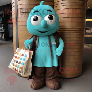 Teal Chocolate Bar mascot costume character dressed with a Cardigan and Tote bags