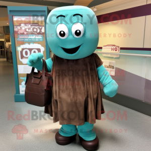 Teal Chocolate Bar mascot costume character dressed with a Cardigan and Tote bags